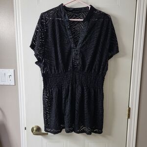 Vintage Torrid Black Lace V Neck Zebra Print Smocked Waist Top